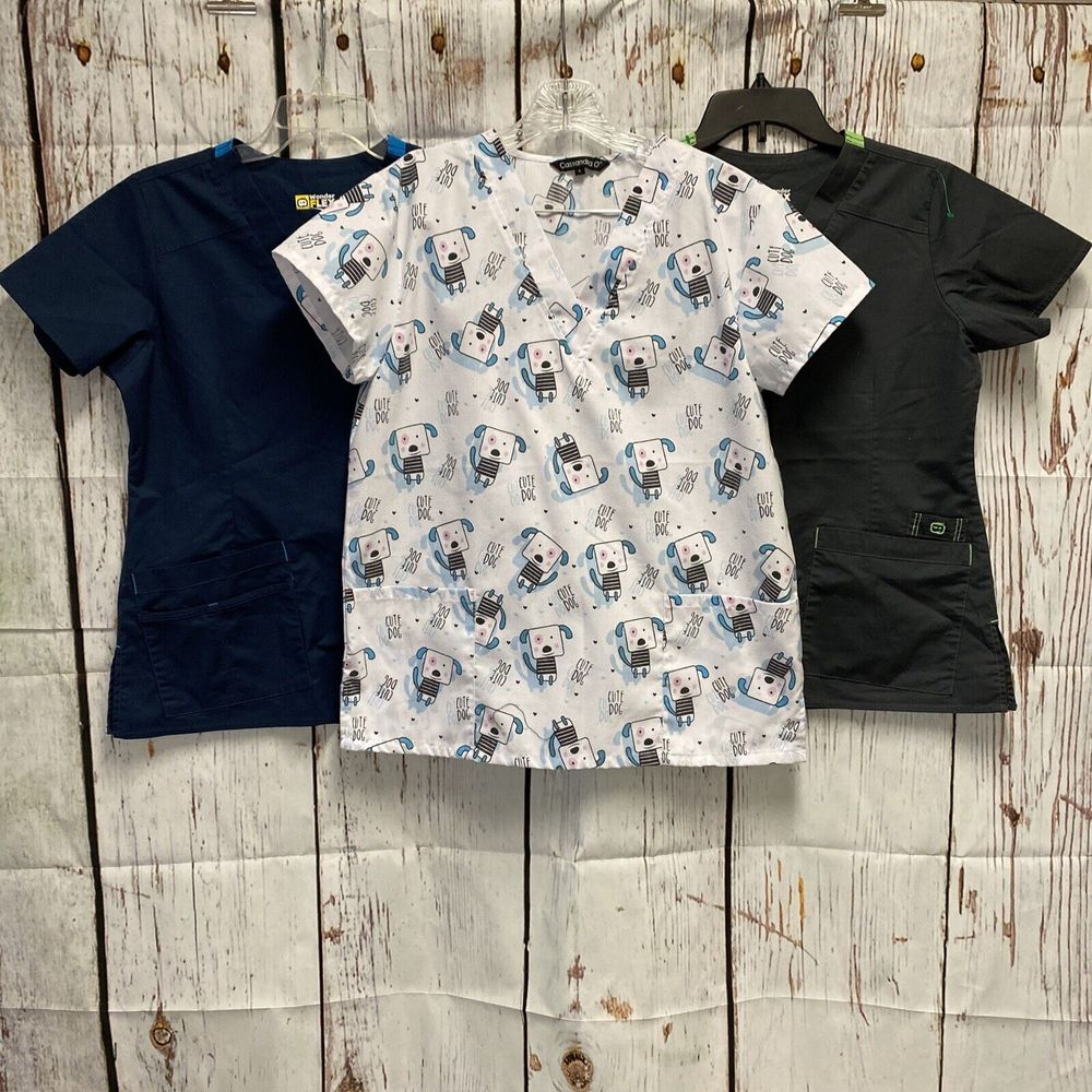 3 Women's Small Scrub Tops Wonder Flex & Dog Print